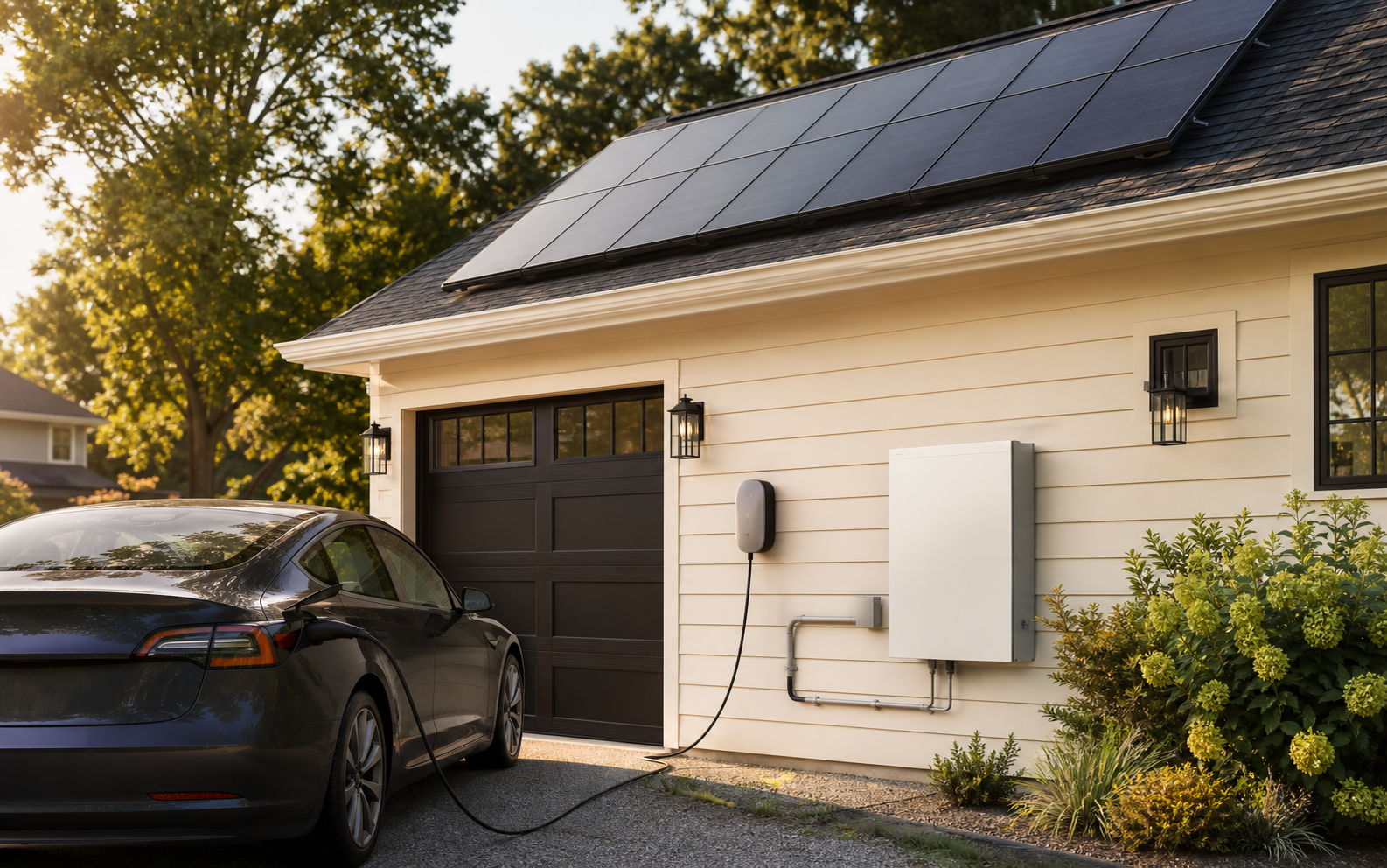 Rooftop solar panels with battery storage and EV charger on a modern home
