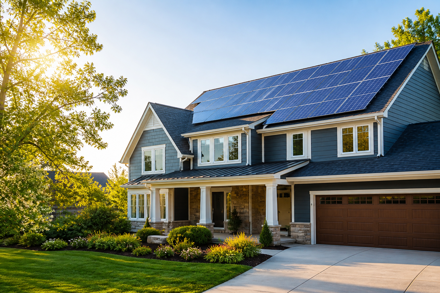 Modern home with rooftop solar panels in warm sunlight