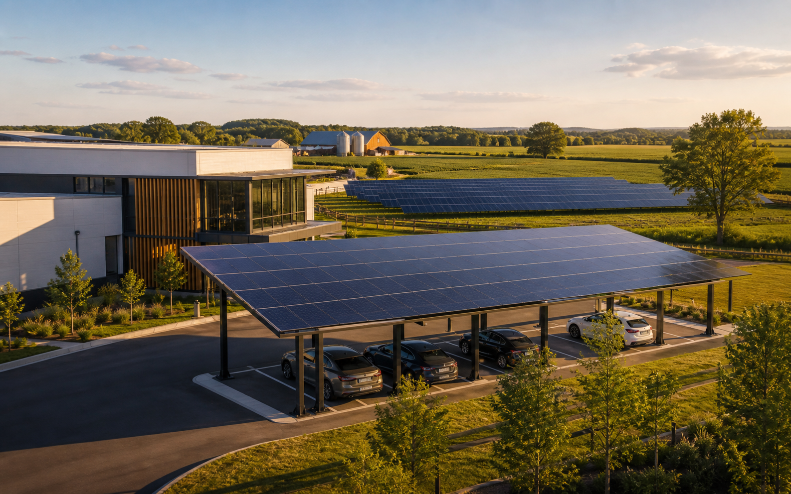 Solar carport beside a commercial building and farm solar array