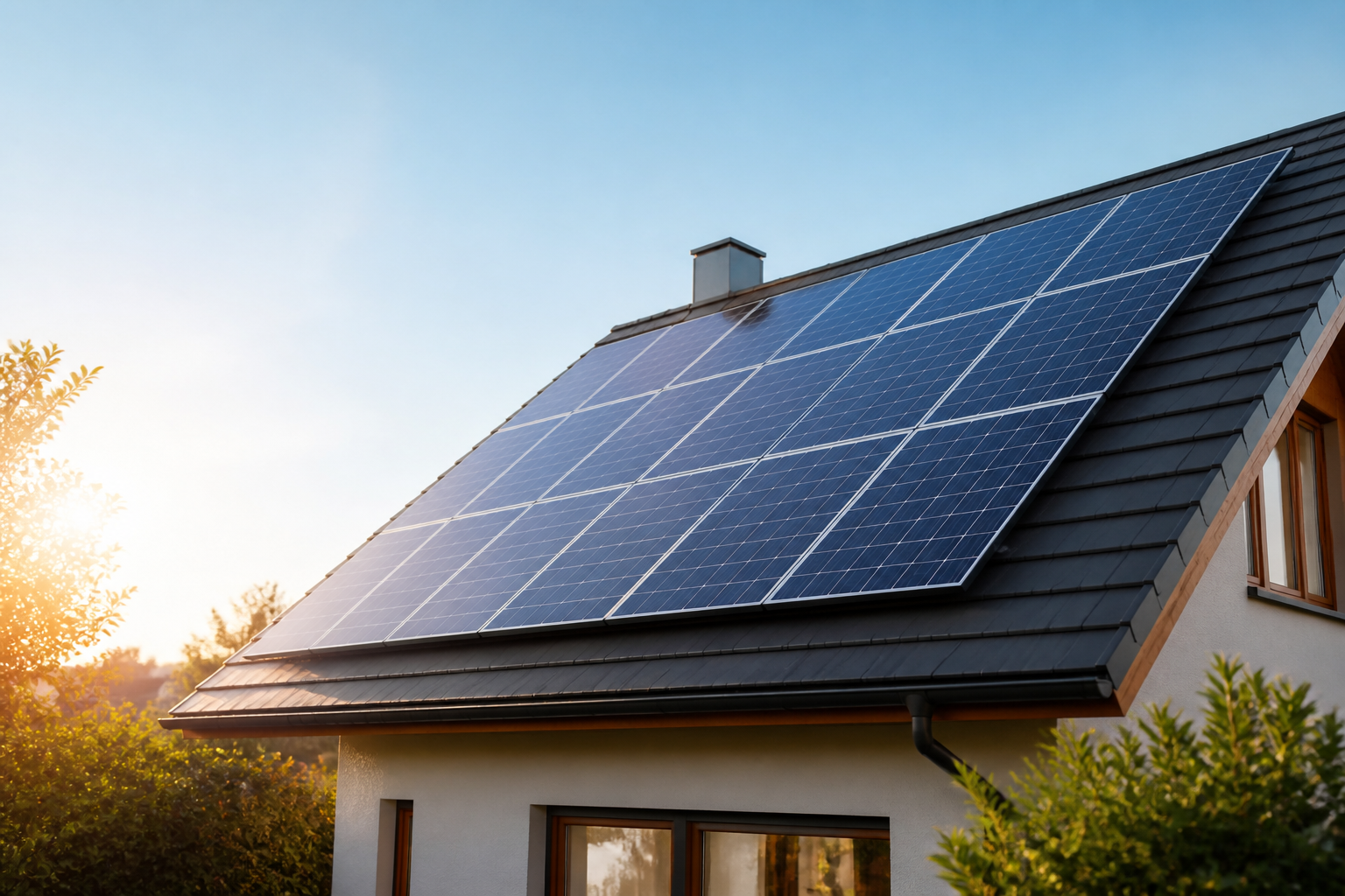Rooftop solar panels in warm morning sunlight